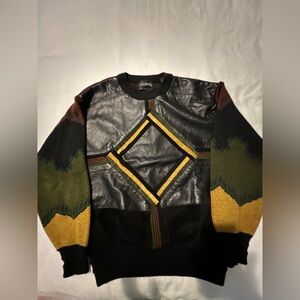 Vintage Saxony Men's Multicolor Sweater with Leather Accents EUC 2527